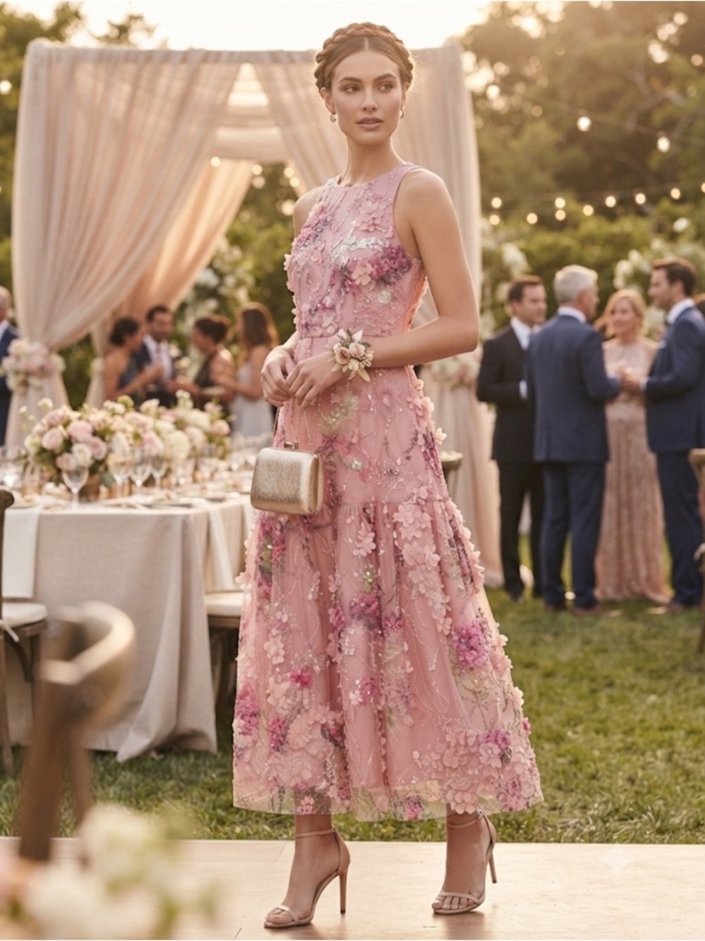 Aidan Mattox by Adrianna Papell 3D Embroidered Pink Floral Midi Dress Size 14